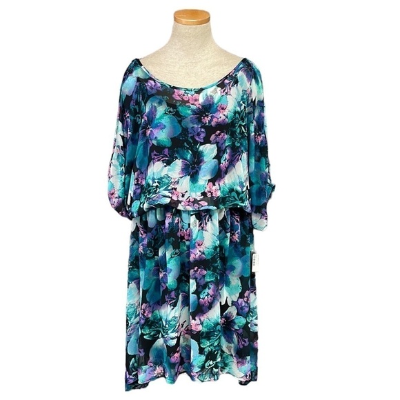 Thalia Sodi Dress Womens X Large XL Deep Black Blue NWT Blouson Floral - Picture 1 of 17